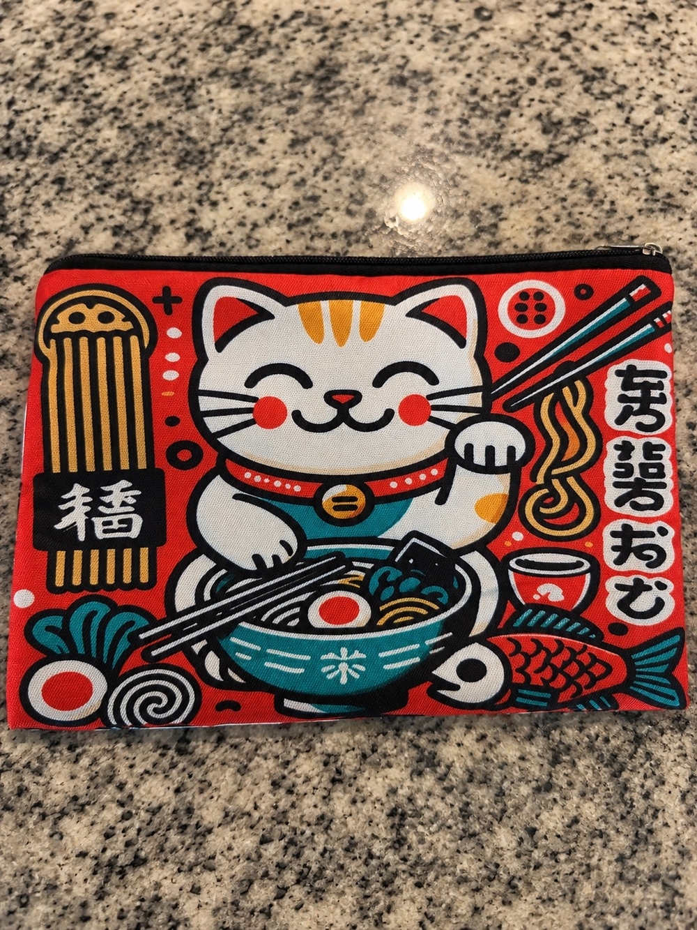🧧 Lucky Cat Red Canvas Zipper Pouch - Cute Cat Ramen Design